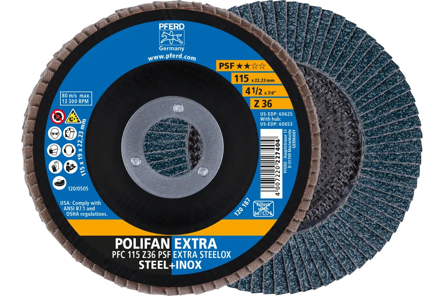 Picture of Pferd Flap Disc, 4-1/2" x 7/8, Z PSF Extra Steelox, 36 Grit, T29, Conical, Zirconia
